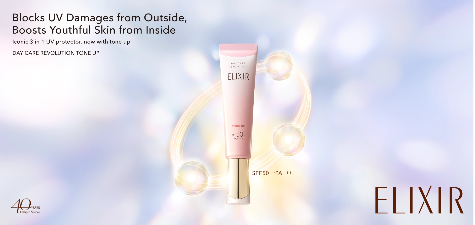 Blocks UV Damages from Outside, Boosts Youthful Skin from Inside Iconic 3 in 1 UV protector, now with tone up DAY CARE REVOLUTION TONE UP / ELIXIR